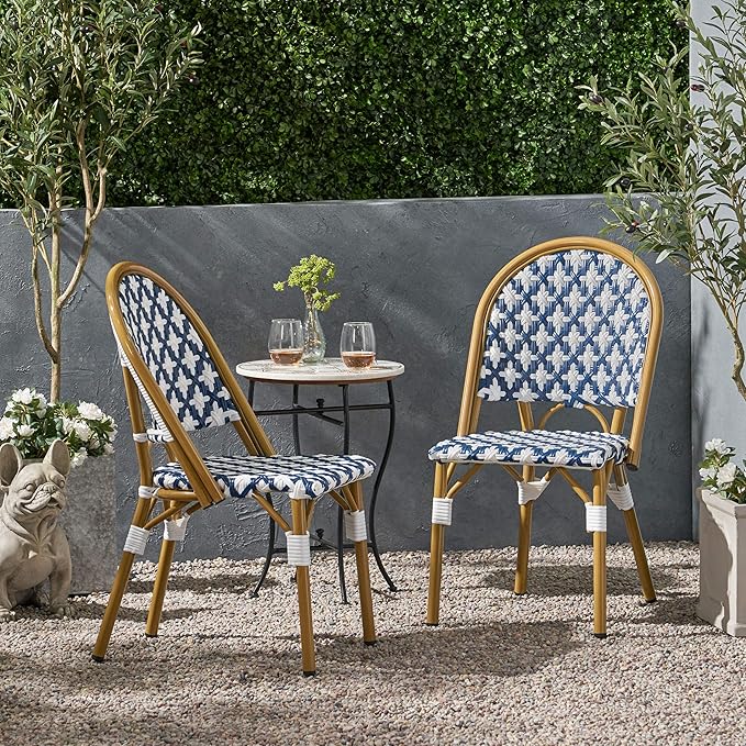 Christopher Knight Home Anastasia Outdoor French Bistro Chair (Set of 2), Blue + White + Bamboo Print Finish