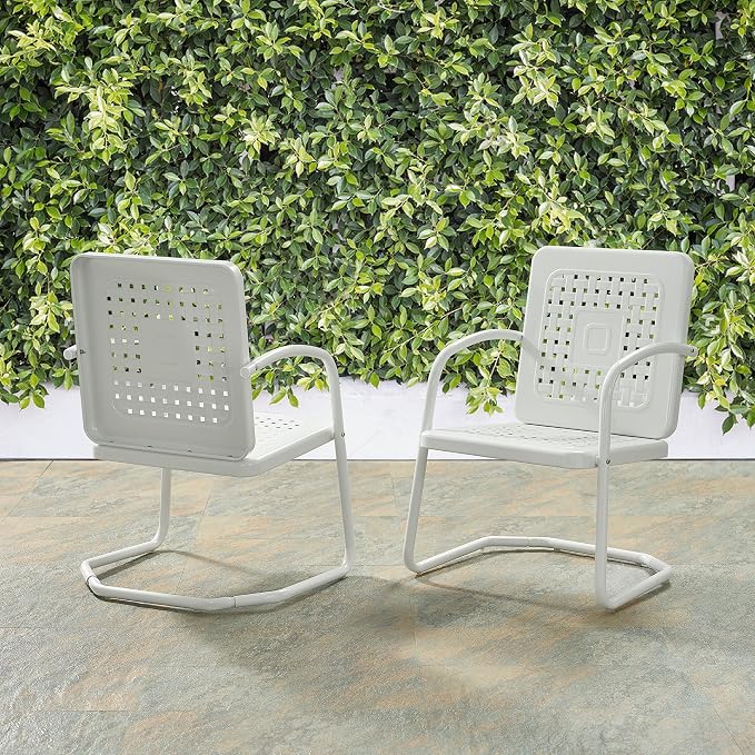 Crosley Furniture Bates 2-Piece Outdoor Chair Set, Retro Metal Patio Chairs for Dining, Porch, Deck, Balcony, White Gloss