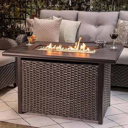 Nuu Garden 43" Propane Fire Pit Table, 50,000 BTU CSA Certified Outdoor Gas Fire Pit with Aluminum Tabletop, Removable Lid, 7 lbs Glass Rocks & Waterproof Oxford Cover, Brown