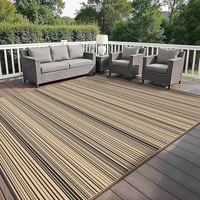 GENIMO Outdoor Rug, Waterproof Plastic Rugs for Patio, 10'x14' Light Brown | Outside Larger Modern Carpet Mat for Patio Decor, RV, Porch, Camper, Deck, Picnic, Beach, Backyard, Reversible, Foldable
