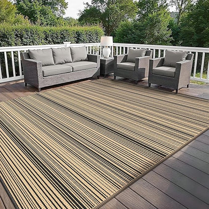 GENIMO Outdoor Rug, Waterproof Plastic Rugs for Patio, 10'x14' Light Brown | Outside Larger Modern Carpet Mat for Patio Decor, RV, Porch, Camper, Deck, Picnic, Beach, Backyard, Reversible, Foldable
