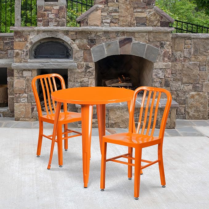 Flash Furniture Craig Commercial Grade 30" Round Orange Metal Indoor-Outdoor Table Set with 2 Vertical Slat Back Chairs | Commercial Grade, Indoor/Outdoor Use, Vertical Slat Back