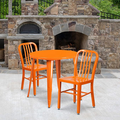 Flash Furniture Craig Commercial Grade 30" Round Orange Metal Indoor-Outdoor Table Set with 2 Vertical Slat Back Chairs | Commercial Grade, Indoor/Outdoor Use, Vertical Slat Back