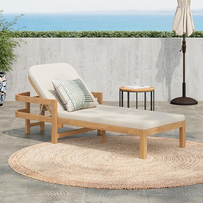 Christopher Knight Home Kayas Acacia Wood Chaise Lounge with Adjustable Backrest, 77.5" Outdoor Sun Lounger with Cushion, Modern Patio Lounger Recliner Chair for Poolside Lawn, Light Teak+Cream,1PCS