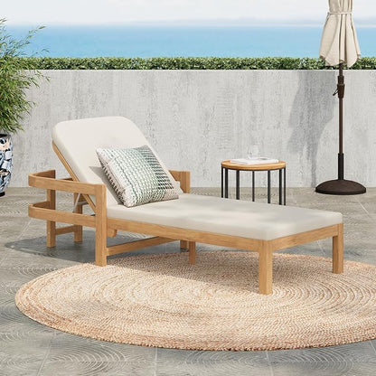 Christopher Knight Home Kayas Acacia Wood Chaise Lounge with Adjustable Backrest, 77.5" Outdoor Sun Lounger with Cushion, Modern Patio Lounger Recliner Chair for Poolside Lawn, Light Teak+Cream,1PCS