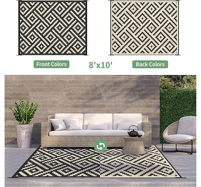 GENIMO Outdoor Rug, Waterproof Plastic Rugs for Patio, 8'x10' Black Beige | Outside Larger Modern Carpet Mat for Porch Decor, Deck, Balcony, Camping, RV, Backyard, Picnic, Beach, Reversible, Foldable