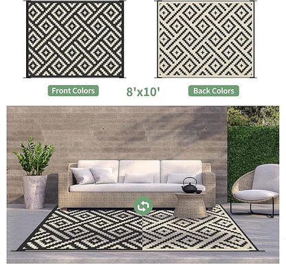 GENIMO Outdoor Rug, Waterproof Plastic Rugs for Patio, 8'x10' Black Beige | Outside Larger Modern Carpet Mat for Porch Decor, Deck, Balcony, Camping, RV, Backyard, Picnic, Beach, Reversible, Foldable