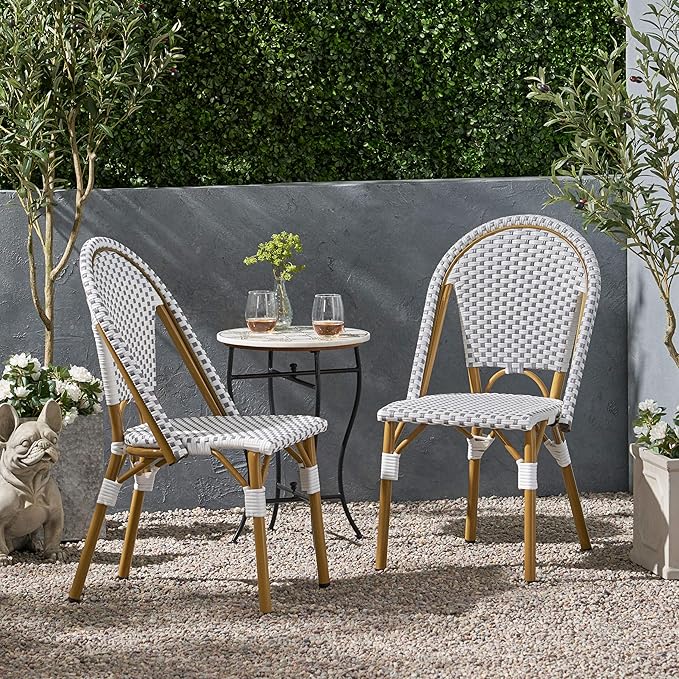 Christopher Knight Home Philomena Outdoor French Bistro Chair (Set of 2), Gray + White + Bamboo Print Finish