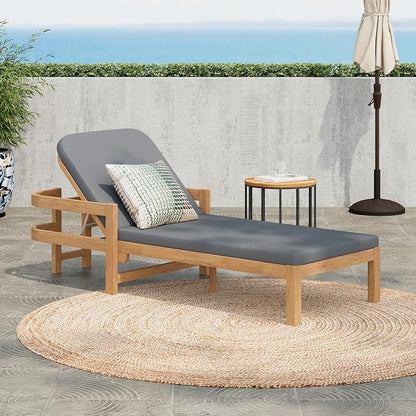 Christopher Knight Home Kayas Acacia Wood Chaise Lounge with Adjustable Backrest, 77.5" Outdoor Sun Lounger with Cushion, Modern Patio Lounger Recliner Chair for Poolside Lawn, Light Teak+Gray, 1PCS
