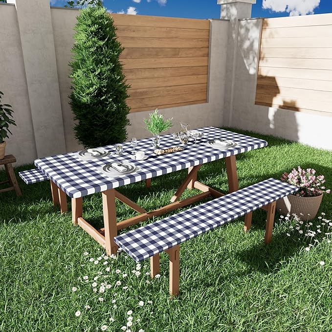Smiry Picnic Table Cloth 2 Pack, Waterproof Elastic Fitted Tablecloths for 8FT Rectangle Tables, Washable Polyester Buffalo Plaid Tablecloth for Camping, Dining & Outdoor (Navy & White, 30" x 96")