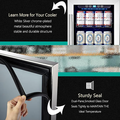 15 Inch Beverage Cooler and Kalamera Refrigerator Under Counter Built-in or Freestanding - 96 Cans Capacity Mini Fridge- for Soda, Water, Beer or Wine - For Kitchen or Bar with Blue Interior Light