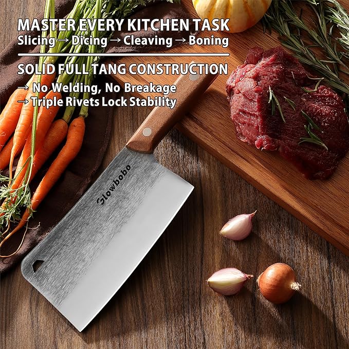7.6 Inch Heavy Duty Meat Cleaver, 5CR15 High Carbon Stainless Steel Butcher Knife for Chopping Bone, Meat - with Gift Box, Professional Kitchen BBQ Chef Knife