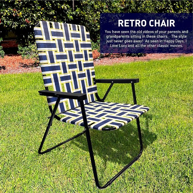 Lawn Chair Folding Steel Webbing Chaise Patio Lounger Seat Wood Handles Great for Camping, Beach, Fishing, Backyard, Stadium, Pool, Boating, and Sports 1 Pack Blue/Yellow