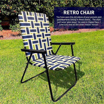 Lawn Chair Folding Steel Webbing Chaise Patio Lounger Seat Wood Handles Great for Camping, Beach, Fishing, Backyard, Stadium, Pool, Boating, and Sports 1 Pack Blue/Yellow