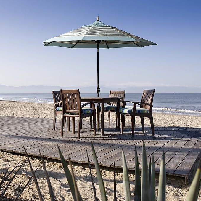 California Umbrella 9' Round Aluminum Market Umbrella, Crank Lift, Push Button Tilt, Black Pole, Sunbrella Wheat