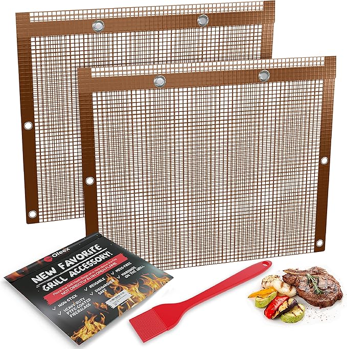 Oleex Non-Stick Large BBQ Grilling Bags Copper Color + Basting Brush - Reusable PTFE Mesh Indoor Outdoor Charcoal Barbecue Grill Bag Accessories, Heat-Resistant Up to 500 F, Dishwasher-Safe