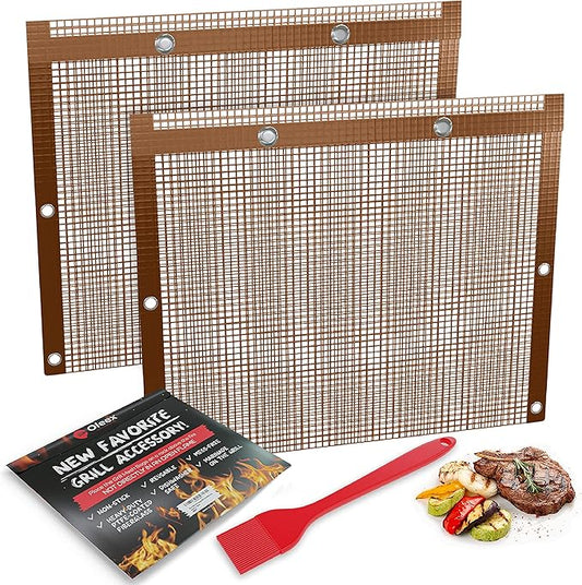 Oleex Non-Stick Large BBQ Grilling Bags Copper Color + Basting Brush - Reusable PTFE Mesh Indoor Outdoor Charcoal Barbecue Grill Bag Accessories, Heat-Resistant Up to 500 F, Dishwasher-Safe
