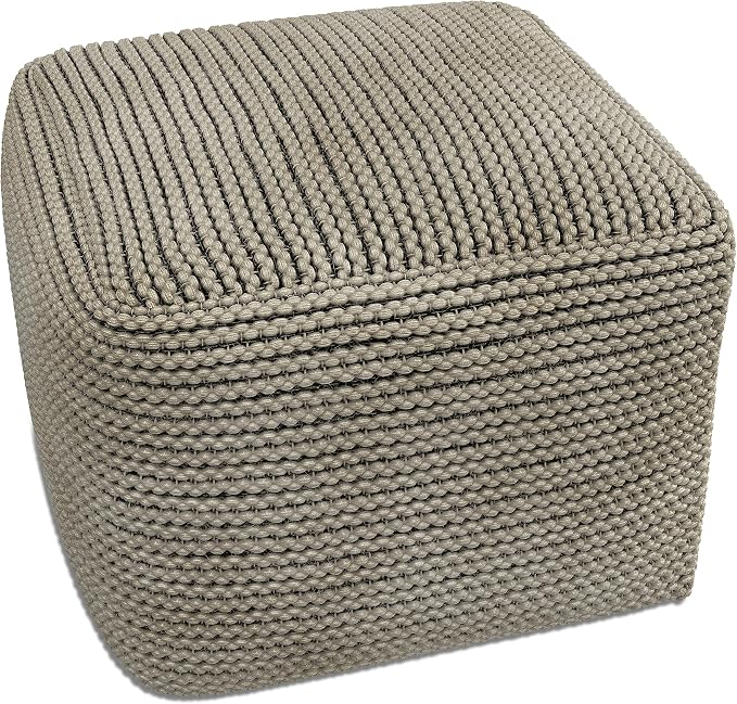 SIMPLIHOME Eastmont 18" Wide Square Pouf in Beige PET Polyester | Versatile boho indoor/outdoor footstool, extra seating for living room or bedroom or patio with assembled design, assembled.
