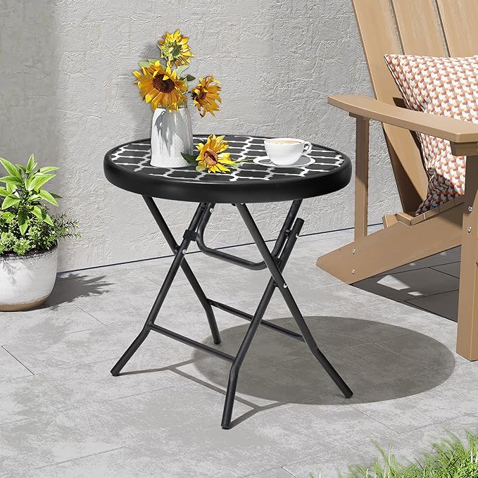 Foldable Side Table with Tempered Glass Top, Black & White | 18" Small Patio Side Tables Outdoor for Porch Yard Balcony Deck Lawn Garden