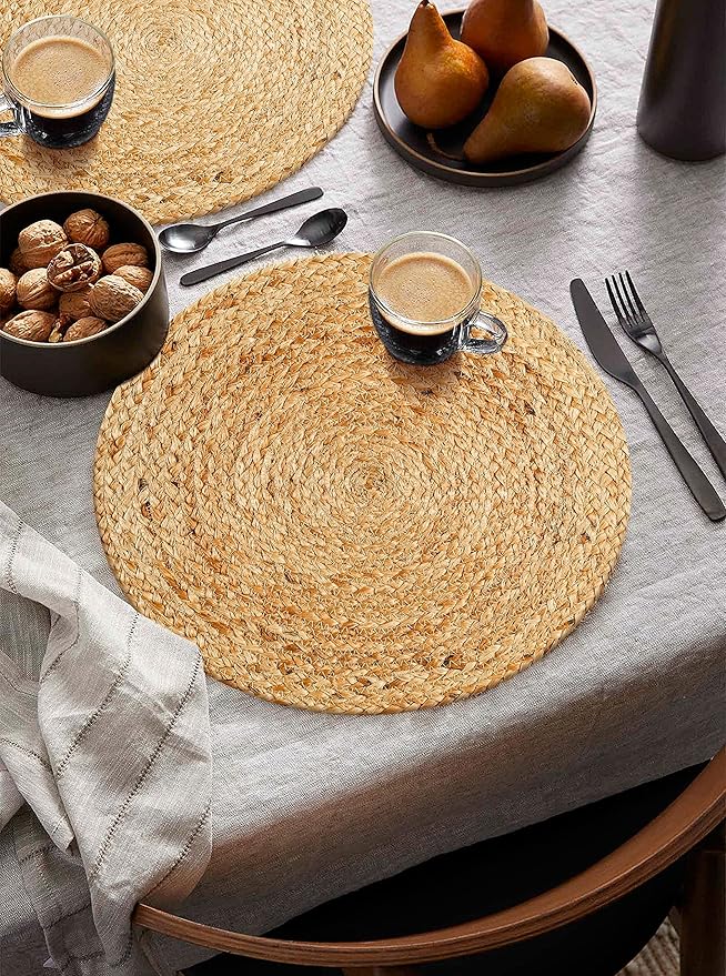 Hausattire Jute Braided Placemats 14 Inches Round Set of 4 Reversible Handwoven Boho Vintage Placemats for Kitchen Dining Tables|BBQ's Farmhouse Easter Decor Indoor & Outdoor Parties|Natural