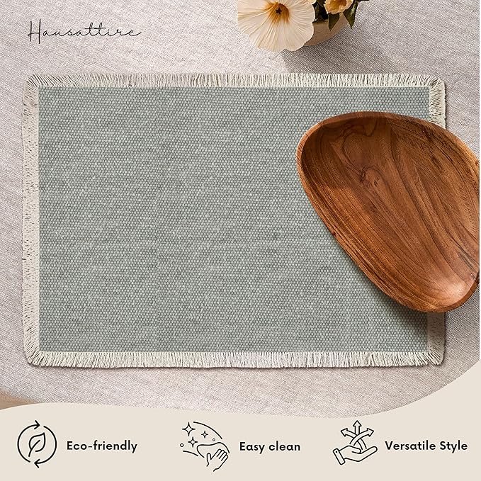 Hausattire Cotton Frayed Placemats Set of 4 Dining Table 13x19 Inch | Rustic Farmhouse Boho Washable Easter Placemat for Outdoor Parties BBQ's Wedding, Special Occasions, Nubby Cotton - Grey