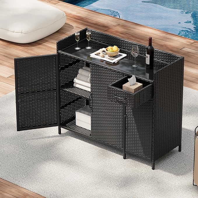 RUNNA Wicker Outdoor Storage Cabinet with Tempered Glass Desktop, Weather-Proof Rattan Bar Table with Three Doors, Adjustable Shelf, and One Drawer, for Outdoor Cushions, Pool Toys (Black Brown@045)