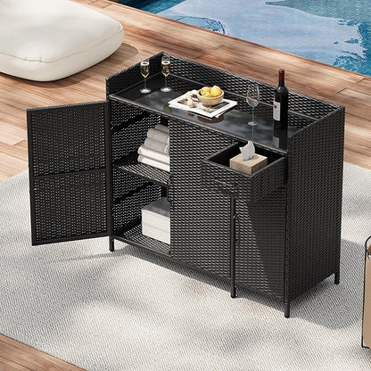 RUNNA Wicker Outdoor Storage Cabinet with Tempered Glass Desktop, Weather-Proof Rattan Bar Table with Three Doors, Adjustable Shelf, and One Drawer, for Outdoor Cushions, Pool Toys (Black Brown@045)