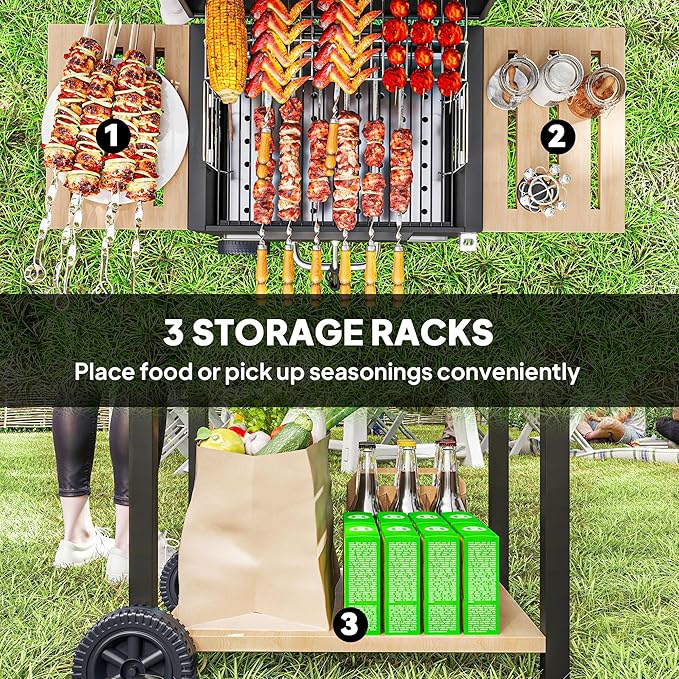 Charcoal BBQ Grill with 245 sq. in. Cooking Area, Outdoor Barbecue Grill with Adjustable Charcoal Pan, 3 Shelves, Thermometer, Wheels, Black 245 Square Inch Grilling Surface: This large charcoal BB