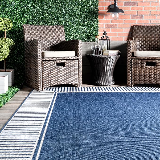nuLOOM Asha Navy Bordered Power Loomed Indoor/Outdoor Runner Rug, 2' x 6'