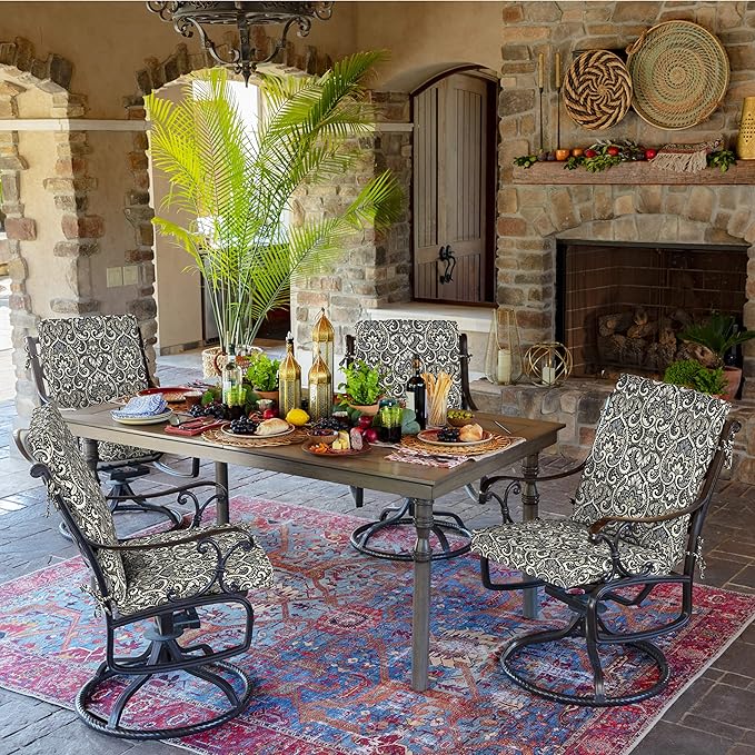 Arden Outdoor Patio Dining Chair Cushion, 20x44, Rain-Proof Seat Pad, Fade-Resistant Outdoor Cushion Black Aurora Damask