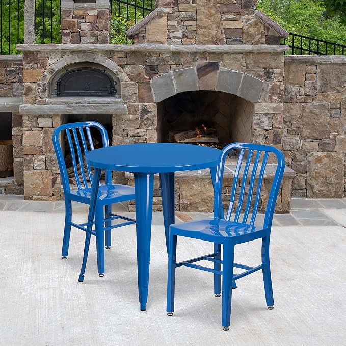 Flash Furniture Craig Commercial Grade 30" Round Blue Metal Indoor-Outdoor Table Set with 2 Vertical Slat Back Chairs | Commercial Grade, Indoor/Outdoor Use, Vertical Slat Back