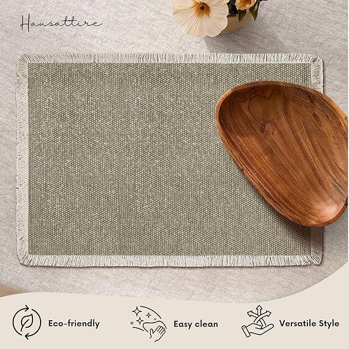 Hausattire Cotton Frayed Placemats Set of 4 Dining Table 13x19 Inch | Rustic Farmhouse Boho Washable Easter Placemat for Outdoor Parties BBQ's Wedding, Special Occasions, Nubby Cotton - Taupe