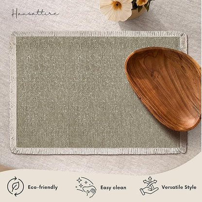 Hausattire Cotton Frayed Placemats Set of 4 Dining Table 13x19 Inch | Rustic Farmhouse Boho Washable Easter Placemat for Outdoor Parties BBQ's Wedding, Special Occasions, Nubby Cotton - Taupe