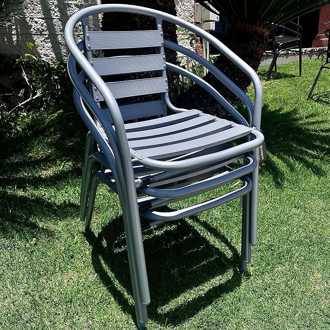 BTEXPERT Indoor Outdoor 23.75" Restaurant Stainless Steel Aluminum + 3 Silver Gray Metal Slat Stack Commercial Lightweight, 3 Chairs with a Square Table