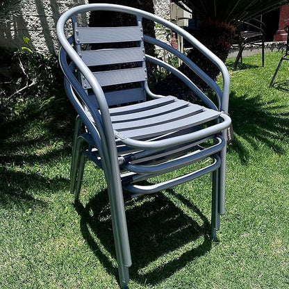 BTEXPERT Indoor Outdoor 23.75" Restaurant Stainless Steel Aluminum + 3 Silver Gray Metal Slat Stack Commercial Lightweight, 3 Chairs with a Square Table