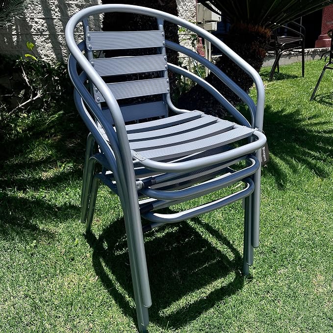 Indoor Outdoor 23.75" Restaurant Stainless Steel Aluminum + 3 Silver Gray Metal Slat Stack Commercial Lightweight, 3 Chairs with a Round Table