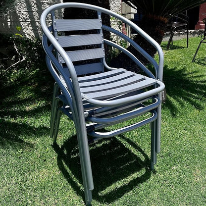 Indoor Outdoor 23.75" Restaurant Stainless Steel Aluminum + 3 Silver Gray Metal Slat Stack Commercial Lightweight, 3 Chairs with a Round Table