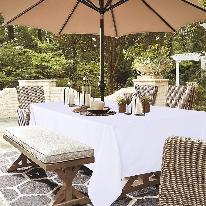 LUSHVIDA Rectangle Outdoor Tablecloth with Umbrella Hole and Zipper, 60x84 Inch White, Washable Waterproof Table Cloth Spill Proof Wrinkle Free Table Cover for Patio Spring Summer Picnic BBQS