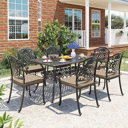 Pamapic 7-Piece Outdoor Dining Set,Cast Aluminum Patio Furniture with Vintage Table & 6 Stackable Chairs, Outdoor Furniture Set for Garden, Poolside (with 6 Cushion,Bronze)