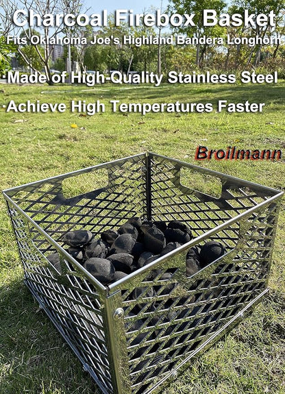 Charcoal Firebox Basket for Oklahoma Joe's Highland Bandera Longhorn. Fits Most Offset Smoker Grill, Stainless Steel, 12 x 12 x 7.5 Inches