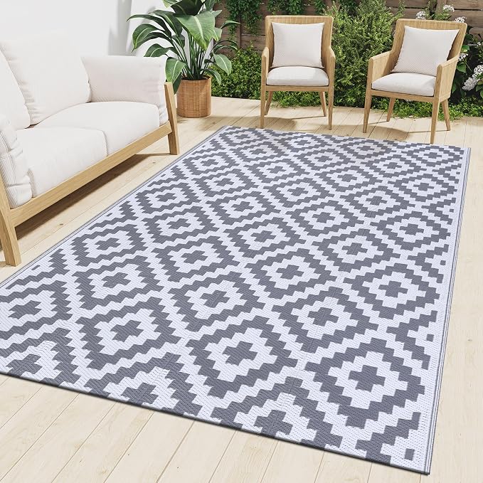 Smiry Outdoor Rug 9x18 ft Waterproof Reversible Boho Mat, White & Grey | Polypropylene Plastic Straw, Quick Drying, Lightweight Foldable, for Patio, Deck, RV Camping, Backyard and Indoor Outdoor Use