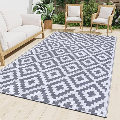 Smiry Outdoor Rug 9x18 ft Waterproof Reversible Boho Mat, White & Grey | Polypropylene Plastic Straw, Quick Drying, Lightweight Foldable, for Patio, Deck, RV Camping, Backyard and Indoor Outdoor Use