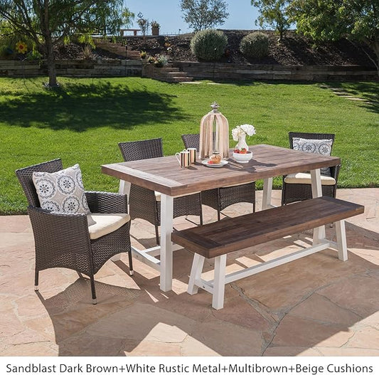 Christopher Knight Home Linda Outdoor 6 Piece Wicker Dining Set Finish Acacia Wood Table and Bench Water Resistant Pcs, Sandblast Dark Brown/White Rustic Metal/Multibrown/Beige Cushions