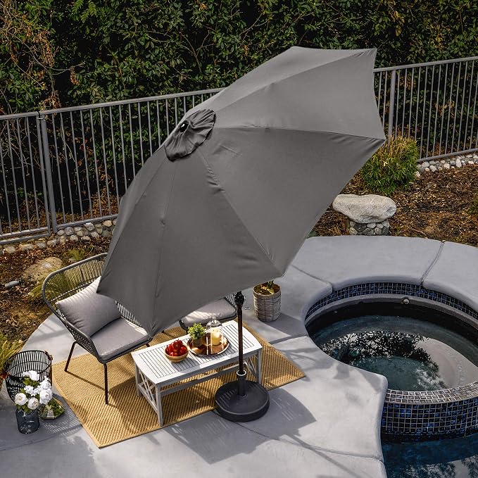 Sunline 9 ft Patio Umbrella with Crank & Push Button Tilt, Outdoor Market Umbrella with UV Protection & Wind Vent and Fiberglass Ribs, Metal Frame for Deck, Pool & Table, Taupe