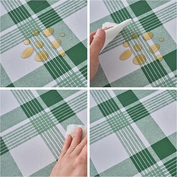 NLMUVW Round Vinyl Tablecloth with Flannel Backing 60 Inch, 100% Waterproof PVC Table Cloth Wipe Clean Table Cover for Dining Party Camping Outdoor, Green Check