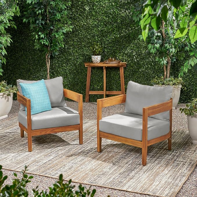 Christopher Knight Home Nadine Acacia Wood Club Chairs Set of 2, Outdoor Accent Chair, Tub Shape Design Armchair, Comfort Cushion Seating, Slat Open Back Reading Sofa for Balcony Garden, Teak+Gray