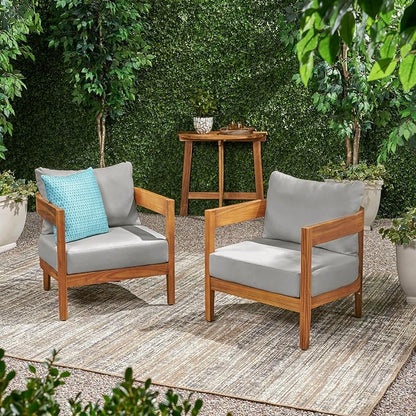 Christopher Knight Home Nadine Acacia Wood Club Chairs Set of 2, Outdoor Accent Chair, Tub Shape Design Armchair, Comfort Cushion Seating, Slat Open Back Reading Sofa for Balcony Garden, Teak+Gray