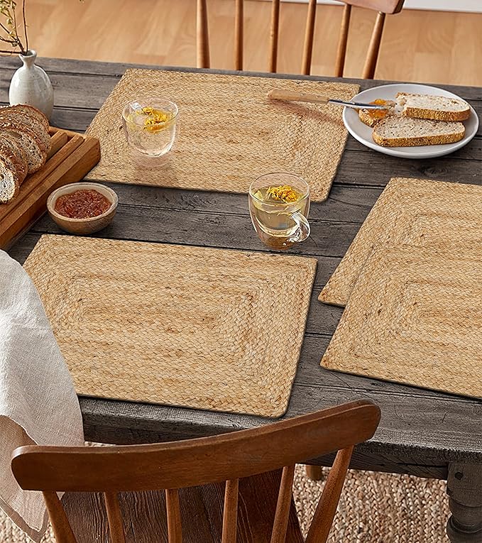 Hausattire Jute Braided Placemats 13x19 Inches Set of 4 Reversible Handwoven Boho Vintage Placemats for Kitchen Dining Tables|BBQ's Farmhouse Easter Decor Indoor & Outdoor Parties|Natural