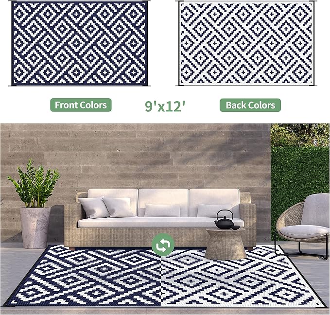 GENIMO Outdoor Rug, Waterproof Plastic Rugs 9'x12' for Camping Blue White | Outside Larger Modern Carpet Mat for Porch Decor, Deck, Balcony, Camping, RV, Backyard, Picnic, Beach, Reversible, Foldable