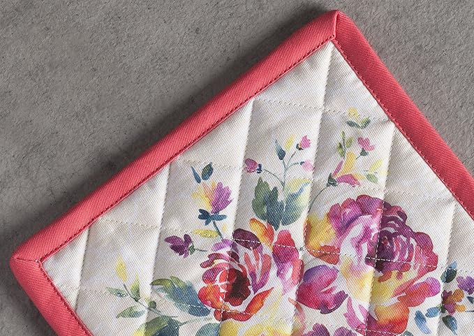 Maison d' Hermine Pot Holders 100% Cotton Heat Resistant Potholders 8" x 8" Hot Pads with Loop BBQ Cooking Baking Hotel Farmhouse Kitchen Handling Hot Pans Spring Summer (Pack of 1, Rose Garden)